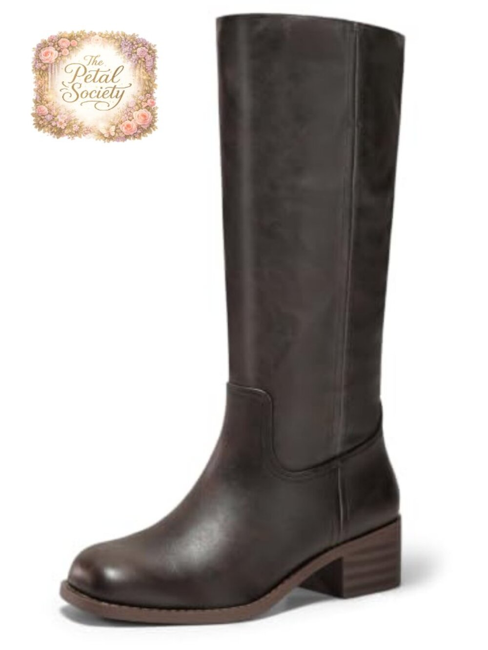 Coutgo Women's Knee High Boots Square Toe Chunky Block Heel Faux Leather